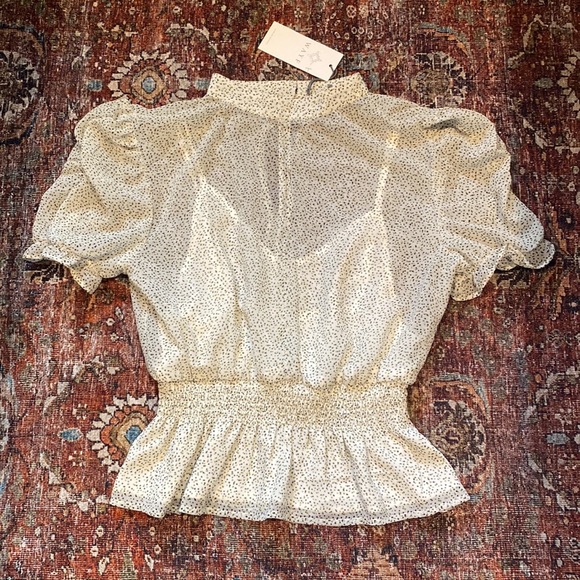 Wayf Tops - NWT Wayf Puff Sleeve High Neck Top. Short Sleeve. Size Small. Dot Print. Sheer.